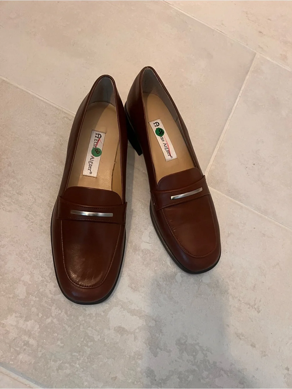 Etienne Aigner Brown Leather Penny Loafers with Silver Accent 8